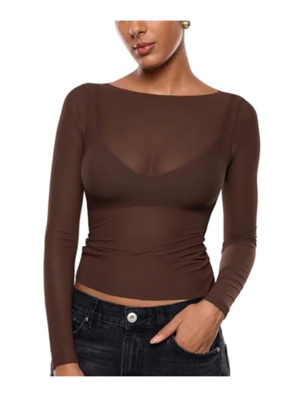 Women's Sheer Mesh Long Sleeve Boat Neck Top